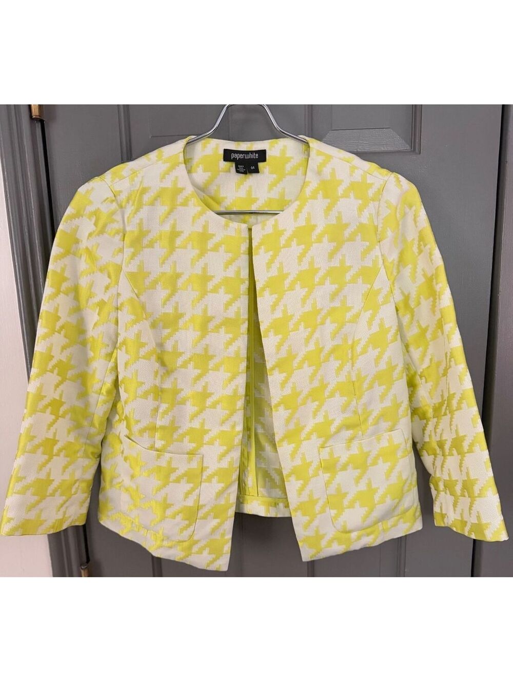 Paperwhite Chartreuse Yellow Houndstooth Open-Front Cropped Blazer Jacket Sz 4